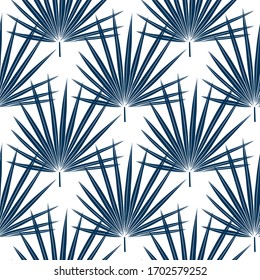Patrón inoxidable con hojas tropicales de palma en blanco. Fondo veraniego floral. Ilustración vectorial. Siluetas.