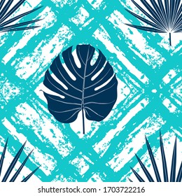 Patrón inoxidable con hojas de palma tropicales y rayas texturadas en blanco. Fondo veraniego floral. Ilustración vectorial. 