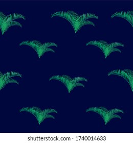Seamless pattern with tropical palm leaves  on blue navy background. Botanical illustration