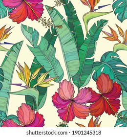 Seamless pattern with Tropical palm leaves and hibiscus, bird of paradise flowers, jungle plants.