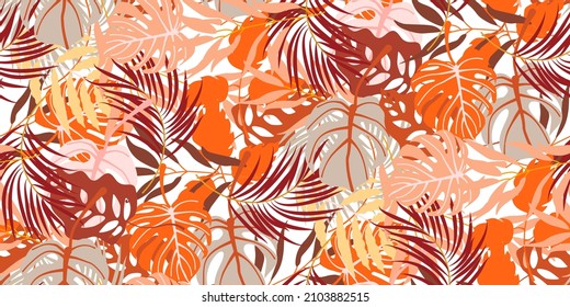 Seamless pattern with tropical palm leaves, jungle leaves. Palm and monstera dense jungle. Botanical design for textile, wallpaper, website, wrapping paper, hawaiian style shirt. Vector