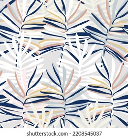 seamless pattern with tropical palm leaves. Modern repetitive print with drawn exotic plants. botanical design for fabric, swimsuit, beach bag