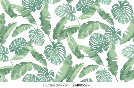 Seamless pattern with tropical palm leaves. Realistic style. Foliage summer background. Vector illustration.