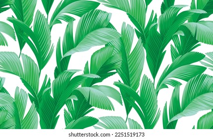 Patrón sin foco con hojas tropicales de palma en un estilo realista. Plantas exóticas. Ilustración botánica vectorial. Fondo de follaje para tarjetas.