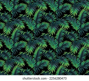 Seamless pattern with tropical palm leaves in realistic style. Vector botanical illustration. Foliage design on a black background.