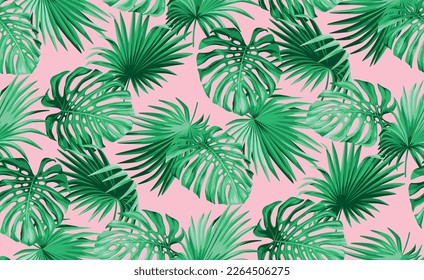 Patrón sin foco con hojas tropicales de palma en un estilo realista. Plantas exóticas. Ilustración botánica vectorial. Fondo de follaje para tarjetas.