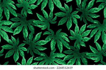 Patrón sin foco con hojas tropicales de palma en un estilo realista. Ilustración botánica vectorial. Diseño de follaje sobre fondo negro.