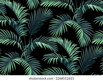 Seamless pattern with tropical palm leaves in realistic style. Vector botanical illustration. Foliage design on a black background.