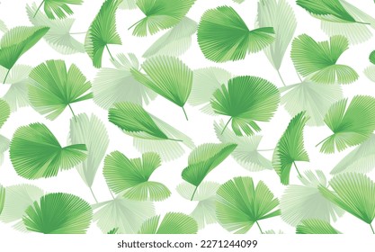 Patrón sin foco con hojas tropicales de palma en un estilo realista. Plantas exóticas. Ilustración botánica vectorial. Fondo de flotación.