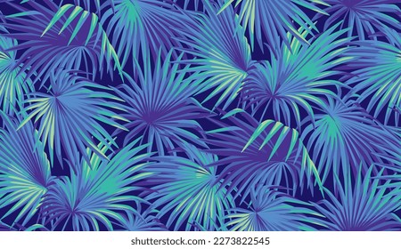 Seamless pattern with tropical palm leaves in realistic style. Bright glowing neon blue-violet backdrop. Vector botanical illustration. Foliage background for cards.
