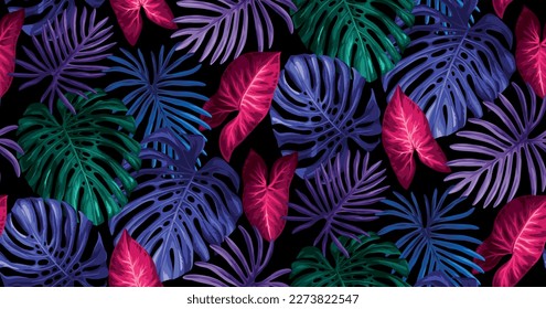 Seamless pattern with tropical palm leaves in realistic style. Bright glowing neon blue-violet backdrop. Vector botanical illustration. Foliage background for cards.