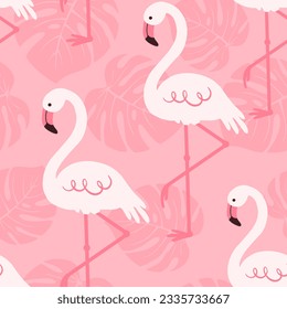 Seamless pattern with tropical palm leaves and flamingo.