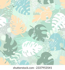 Seamless pattern of tropical palm leaves, jungle Monstera leaves and brush shape. Exotic collection of plants and grunge texture. Botanical vector illustration for wallpaper, wrapping paper, fabric