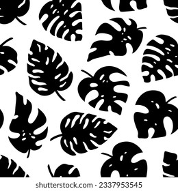 Seamless pattern of tropical palm leaves, jungle Monstera leaves. Exotic collection of silhouette plant. Hand drawn botanical vector illustration for greeting card, wallpaper, wrapping paper, fabric