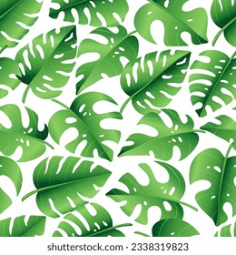 Seamless pattern of tropical palm leaves, jungle Monstera leaves. Exotic collection of green plant. Hand drawn botanical vector illustration for greeting card, wallpaper, wrapping paper, fabric