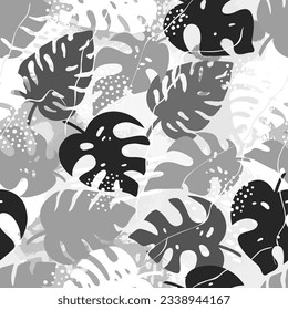 Patrón sin foco de hojas tropicales de palma, hojas de la selva Monstera, forma de brocha. Colección de silueta y textura de grunge. Ilustración vectorial dibujada a mano para papel de pared, papel de envoltura, tela