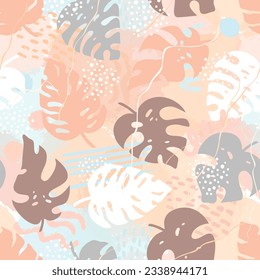 Seamless pattern of tropical palm leaves, jungle Monstera leaves and brush shape. Exotic collection of plants and grunge texture. Botanical vector illustration for wallpaper, wrapping paper, fabric