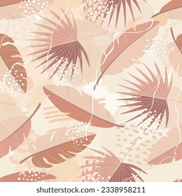 Seamless pattern of tropical palm leaves, banana leaves and brush shape. Exotic collection of plant and grunge texture. Hand drawn botanical vector illustration for wallpaper, wrapping paper, fabric
