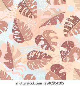 Seamless pattern of tropical palm leaves, jungle Monstera leaves and brush shape. Exotic collection of plants and grunge texture. Botanical vector illustration for wallpaper, wrapping paper, fabric