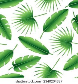 Seamless pattern of tropical palm leaves, banana and palmate leaves. Exotic collection of green plant. Hand drawn botanical vector illustration for greeting card, wallpaper, wrapping paper, fabric