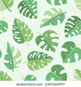 Seamless pattern of tropical palm leaves, jungle Monstera leaves. Exotic boho collection of green plants. Botanical vector illustration for greeting card, wallpaper, wrapping paper, fabric