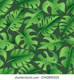 Patrón sin foco de hojas tropicales de palma, jungla hojas de Monstera. Colección exótica de plantas verdes. Ilustración de vectores botánicos dibujados a mano para tarjeta de felicitación, papel de pared, papel de envoltura, tela