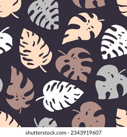 Patrón sin foco de hojas tropicales de palma, jungla hojas de Monstera. Colección exótica de silueta. Ilustración de vectores botánicos dibujados a mano para tarjeta de felicitación, papel de pared, papel de envoltura, tela