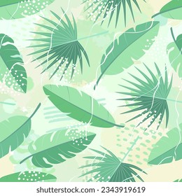 Seamless pattern of tropical palm leaves, banana leaves and brush shape. Exotic collection of plant and grunge texture. Hand drawn botanical vector illustration for wallpaper, wrapping paper, fabric