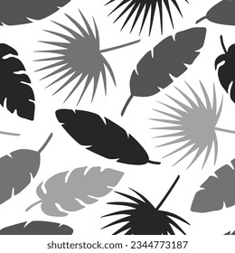 Nahtlose Muster tropischer Palmenblätter, Banane, Palmblätter. Exotische Sammlung von Silhouettenanlage. handgezeichnete botanische Vektorgrafik für Grußkarten, Tapeten, Packpapier, Stoff