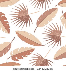 Patrón sin foco de hojas tropicales de palma, plátanos y hojas de palmera. Colección exótica de boho de colores de la tierra planta. Ilustración vectorial botánica dibujada a mano para papel de pared, papel de envoltura, tela