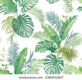 Seamless pattern with tropical palm leaves. Realistic style. Foliage summer background. Vector illustration.