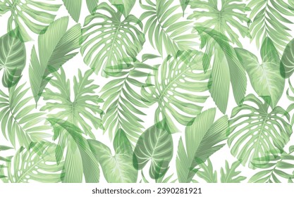 Seamless pattern with tropical palm leaves in realistic style. Exotic plants. Vector botanical illustration. Foliage background for cards.