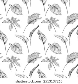Seamless pattern with tropical palm leaves. Hand drawn illustration.