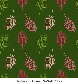 Seamless Pattern of Tropical Palm Leaves in Green, Red and Pink. Modern Botanical Design, Leafy Background, Nature Inspired Textile, Wallpaper, Decorative Art, Exotic Jungle Foliage