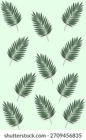 Seamless pattern of tropical palm leaves arranged in a light green background. Ideal for fabric design, packaging, wallpaper, wrapping paper, and tropical-themed projects. 