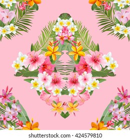 Seamless Pattern. Tropical Palm Leaves and Flowers Background. Vector. Exotic Texture. Floral Wallpaper.