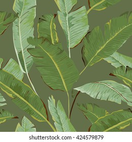 Seamless Pattern. Tropical Palm Leaves and Flowers Background. Vector. Exotic Floral Texture. Wallpaper.