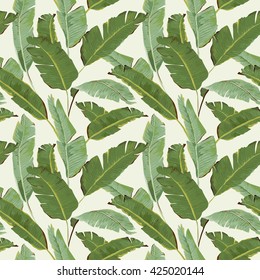 Seamless Pattern. Tropical Palm Leaves And Flowers Background. Banana. Vector. Exotic Texture. Floral Wallpaper.