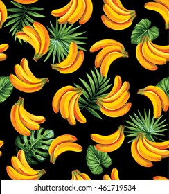 Seamless pattern with tropical palm leaves and bananas. Vector illustration.