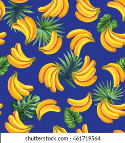 Seamless pattern with tropical palm leaves and bananas. Vector illustration.