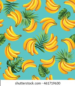 Seamless pattern with tropical palm leaves and bananas. Vector illustration.