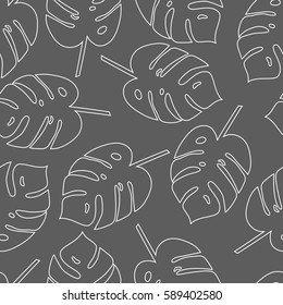 Seamless pattern tropical palm leaves vector floral gray background . Line art Monstera leaves. Nature texture. Wrapping paper. Hand drawn flat illustration. 