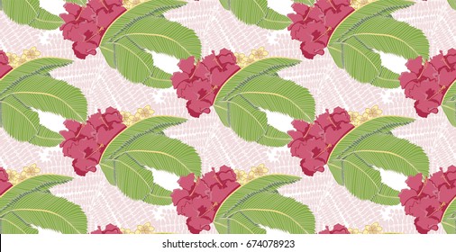Seamless pattern with tropical palm leaves and flowers. Vector illustration.