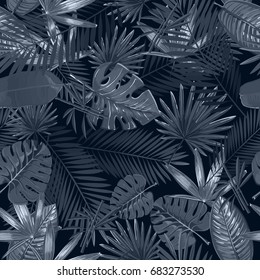 Seamless pattern with tropical palm leaves on black background. Vector Nature illustration. Monochrome colors.