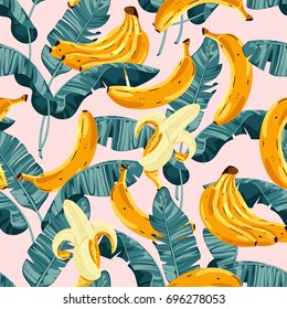 Seamless pattern with tropical palm leaves and bananas. Vector illustration.