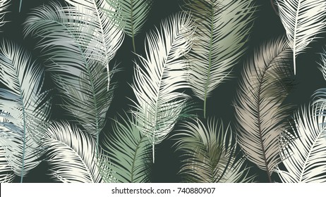 Seamless pattern, tropical palm leaves on dark green background, green tone