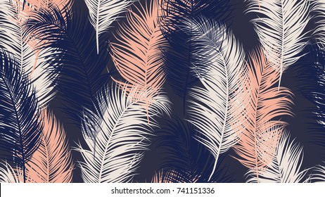 Seamless pattern, tropical palm leaves on dark purple background, blue tone