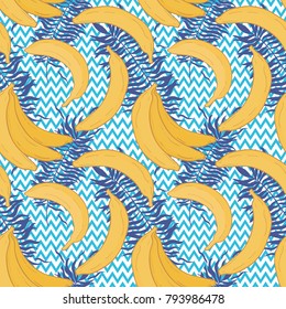 Seamless pattern with tropical palm leaves and bananas. Vector illustration. Hand draw.