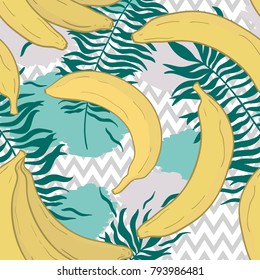 Seamless pattern with tropical palm leaves and bananas. Vector illustration. Hand draw .