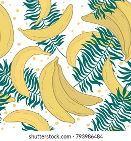 Seamless pattern with tropical palm leaves and bananas. Vector illustration. Hand draw.